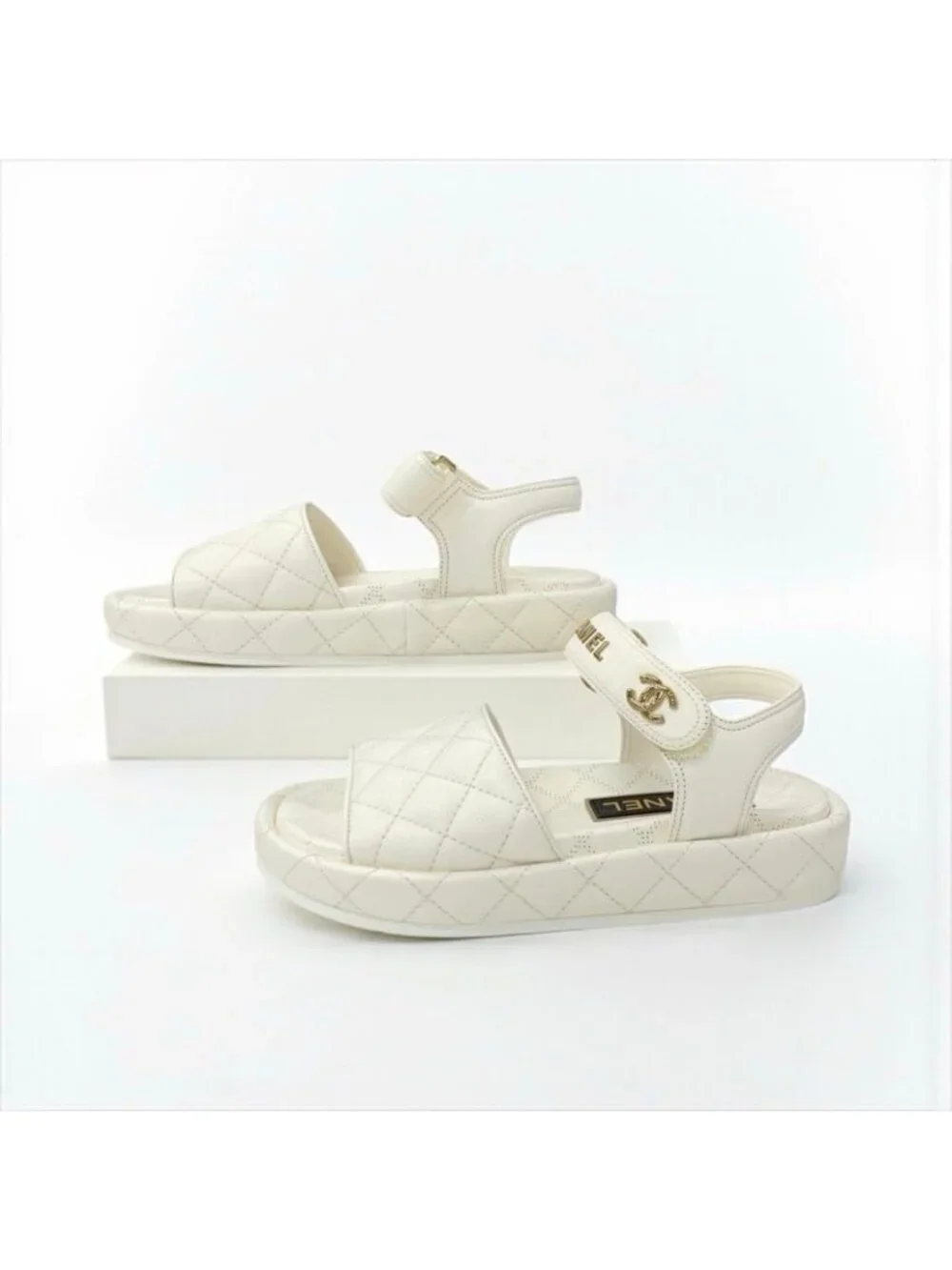 Chanel Sandals Shoes Leather White Gold Quilted Coco Mark Logo Velcro - Picture 3 of 10